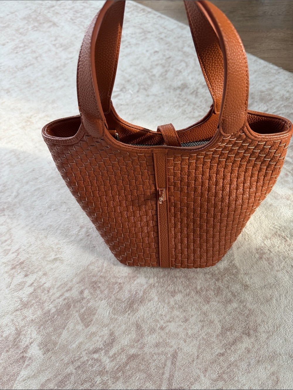 Woven Bucket Tote in brown leather- Women Bags